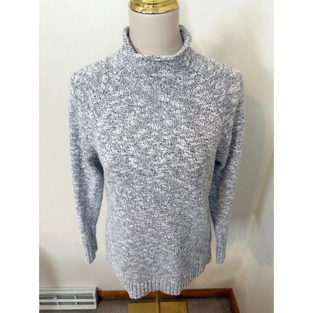 L.L.Bean Marled Cotton Funnel Neck Turtleneck Sweater Blue White 507416